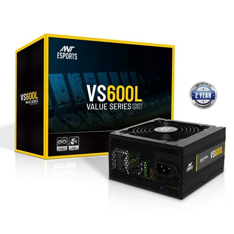 Ant Esports VS600L 600W Power Supply - 120mm Silent Fan, Single 12V Rail, 2 Year Warranty
